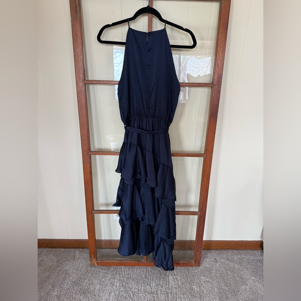 Petal & Pup Seychelle Navy Satin Asymmetrical Hem Tiered Ruffle Midi Dress - 6 - Picture 11 of 11